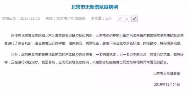 北京市衛(wèi)健委：無新增鼠疫病例 疑似患者已解除隔離