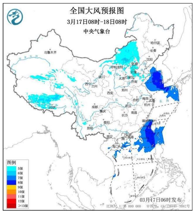 大風(fēng)預(yù)警持續(xù)：華北北部和東部等地局部風(fēng)力可達(dá)7級(jí)及以上
